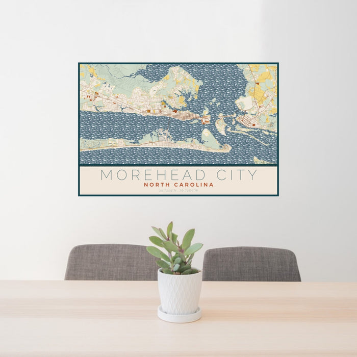24x36 Morehead City North Carolina Map Print Lanscape Orientation in Woodblock Style Behind 2 Chairs Table and Potted Plant
