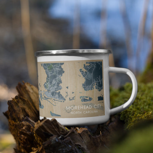Right View Custom Morehead City North Carolina Map Enamel Mug in Afternoon on Grass With Trees in Background