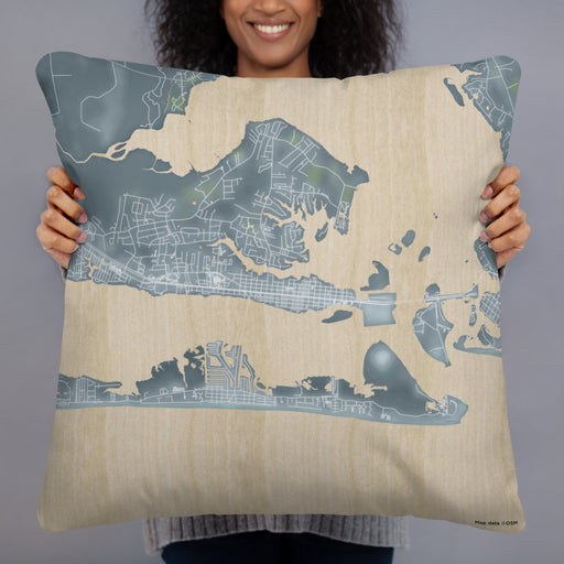 Person holding 22x22 Custom Morehead City North Carolina Map Throw Pillow in Afternoon