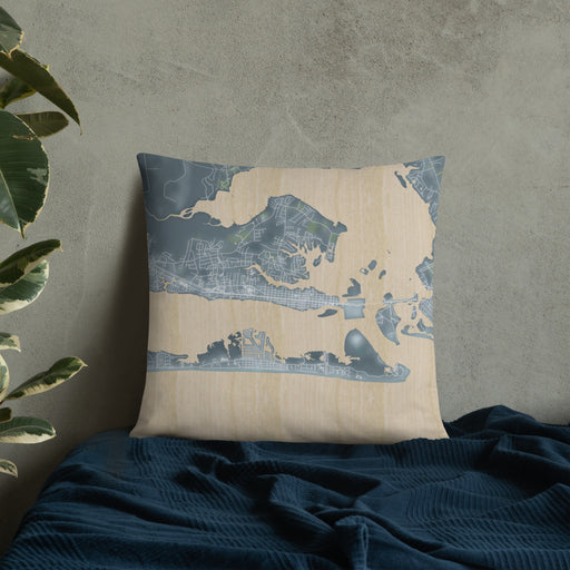 Custom Morehead City North Carolina Map Throw Pillow in Afternoon on Bedding Against Wall