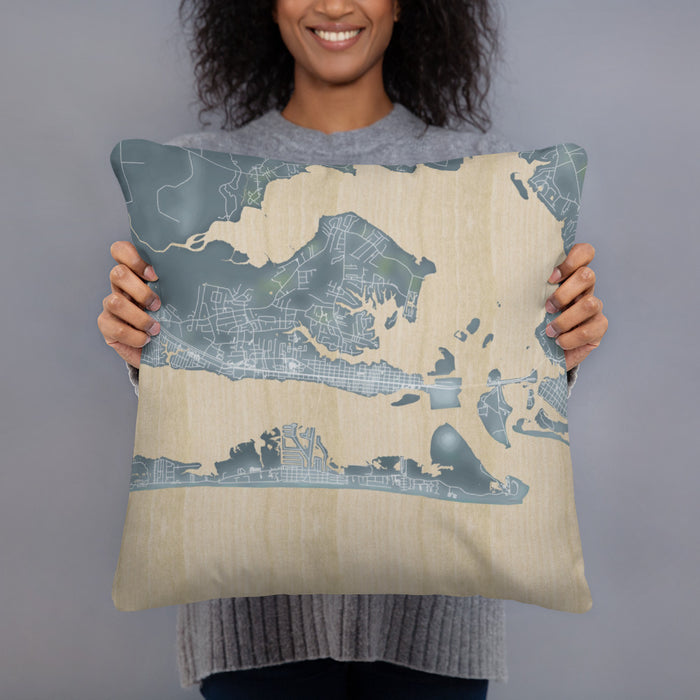 Person holding 18x18 Custom Morehead City North Carolina Map Throw Pillow in Afternoon
