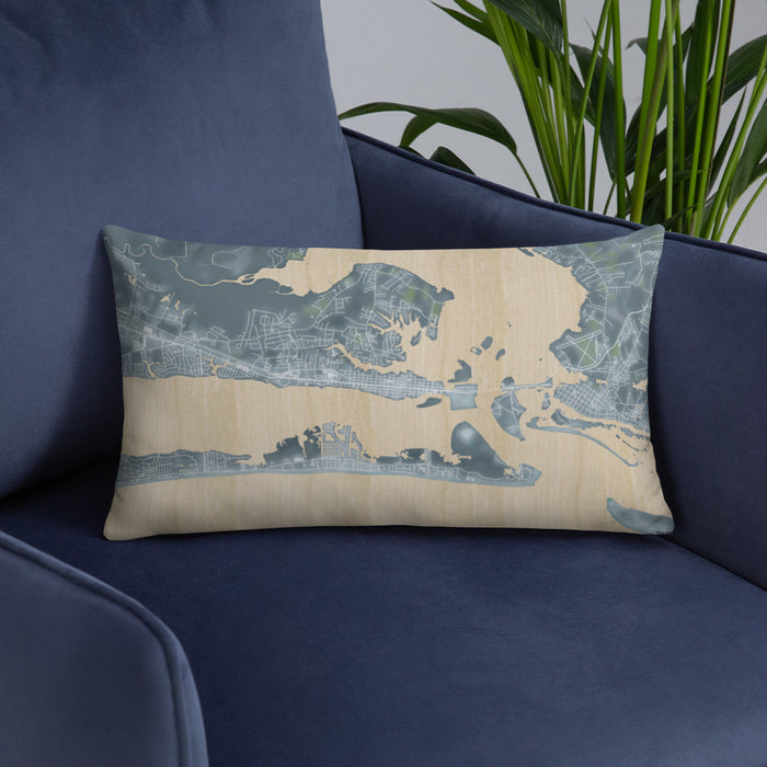 Custom Morehead City North Carolina Map Throw Pillow in Afternoon on Blue Colored Chair