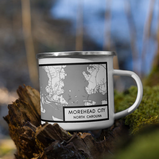 Right View Custom Morehead City North Carolina Map Enamel Mug in Classic on Grass With Trees in Background