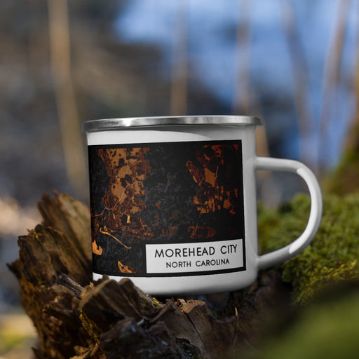 Right View Custom Morehead City North Carolina Map Enamel Mug in Ember on Grass With Trees in Background