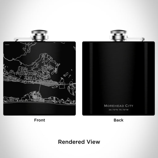 Rendered View of Morehead City North Carolina Map Engraving on 6oz Stainless Steel Flask in Black
