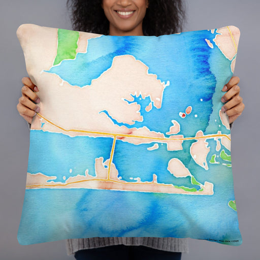 Person holding 22x22 Custom Morehead City North Carolina Map Throw Pillow in Watercolor