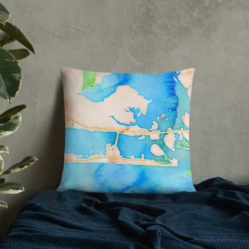 Custom Morehead City North Carolina Map Throw Pillow in Watercolor on Bedding Against Wall