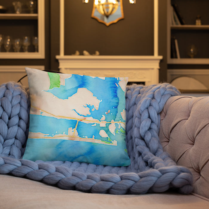 Custom Morehead City North Carolina Map Throw Pillow in Watercolor on Cream Colored Couch