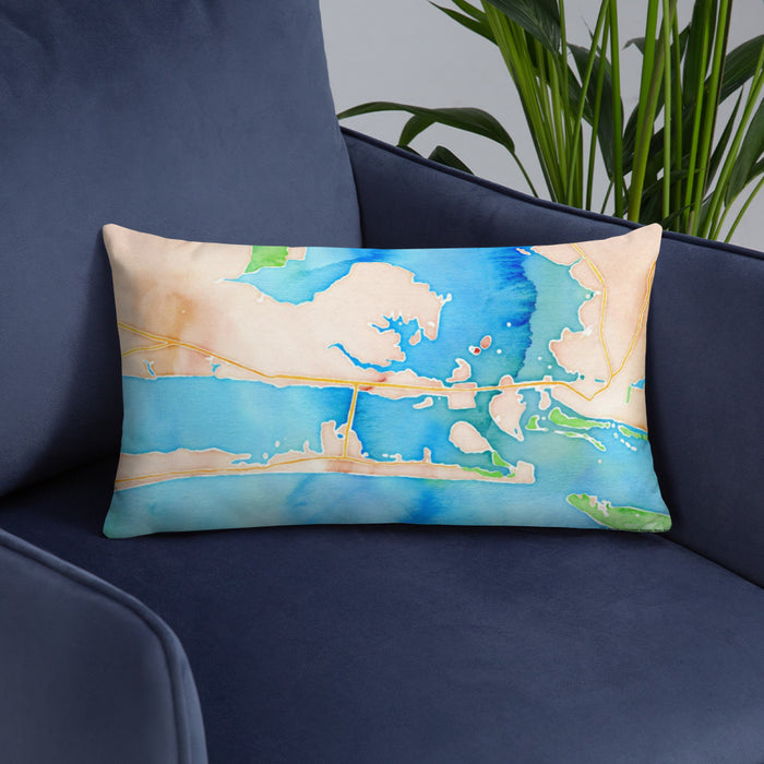 Custom Morehead City North Carolina Map Throw Pillow in Watercolor on Blue Colored Chair