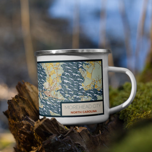 Right View Custom Morehead City North Carolina Map Enamel Mug in Woodblock on Grass With Trees in Background