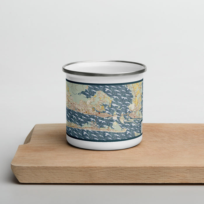 Front View Custom Morehead City North Carolina Map Enamel Mug in Woodblock on Cutting Board