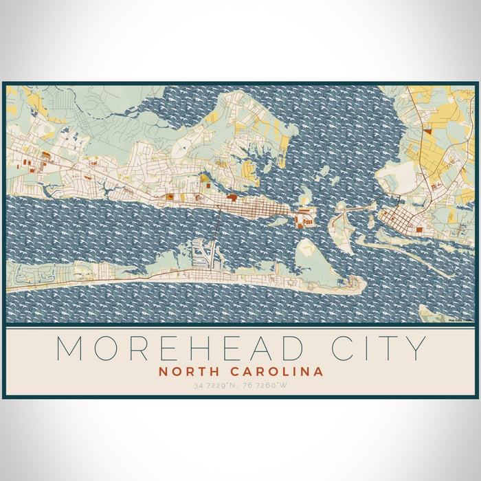 Morehead City North Carolina Map Print Landscape Orientation in Woodblock Style With Shaded Background