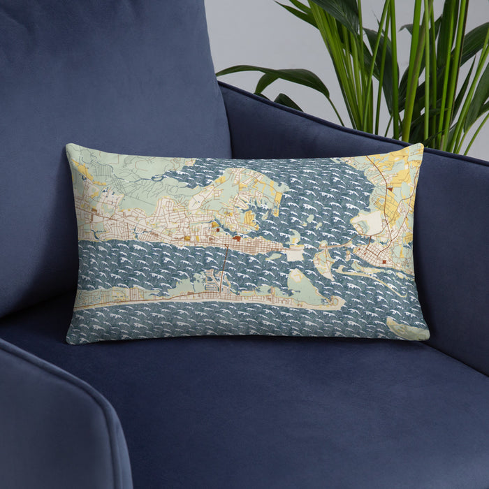 Custom Morehead City North Carolina Map Throw Pillow in Woodblock on Blue Colored Chair