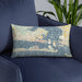 Custom Morehead City North Carolina Map Throw Pillow in Woodblock on Blue Colored Chair