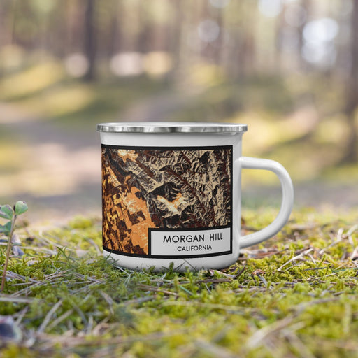 Right View Custom Morgan Hill California Map Enamel Mug in Ember on Grass With Trees in Background