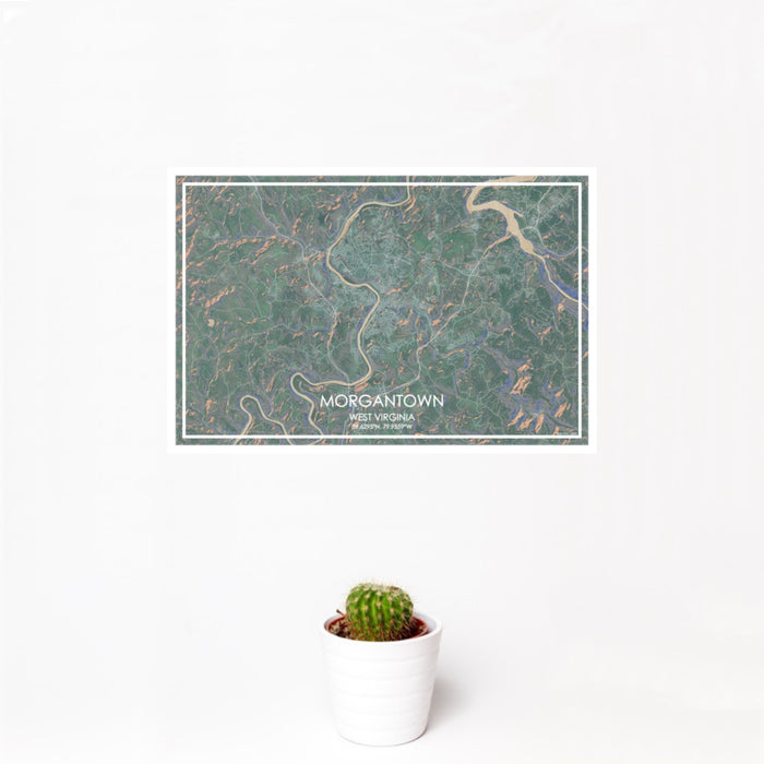 12x18 Morgantown West Virginia Map Print Landscape Orientation in Afternoon Style With Small Cactus Plant in White Planter