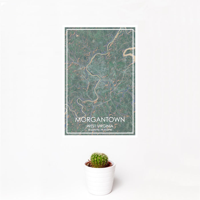 12x18 Morgantown West Virginia Map Print Portrait Orientation in Afternoon Style With Small Cactus Plant in White Planter