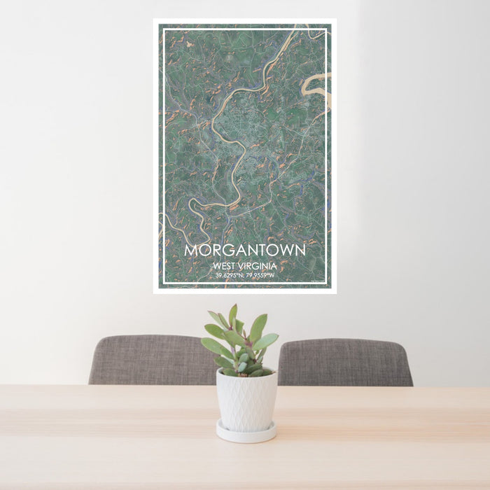24x36 Morgantown West Virginia Map Print Portrait Orientation in Afternoon Style Behind 2 Chairs Table and Potted Plant