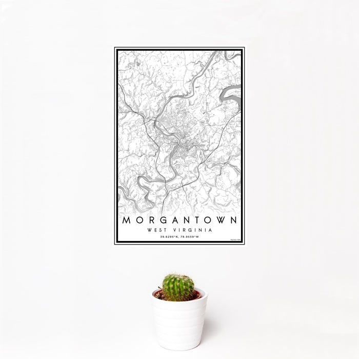 12x18 Morgantown West Virginia Map Print Portrait Orientation in Classic Style With Small Cactus Plant in White Planter
