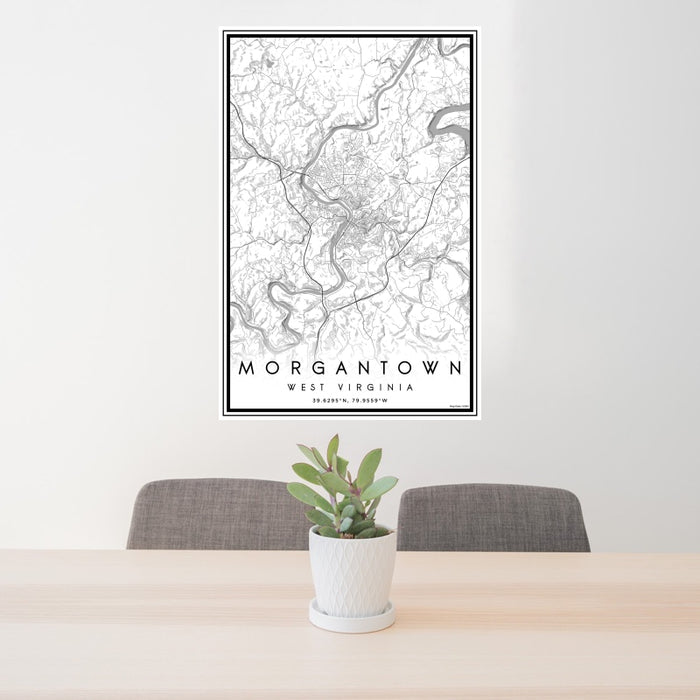 24x36 Morgantown West Virginia Map Print Portrait Orientation in Classic Style Behind 2 Chairs Table and Potted Plant