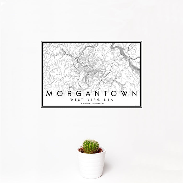 12x18 Morgantown West Virginia Map Print Landscape Orientation in Classic Style With Small Cactus Plant in White Planter