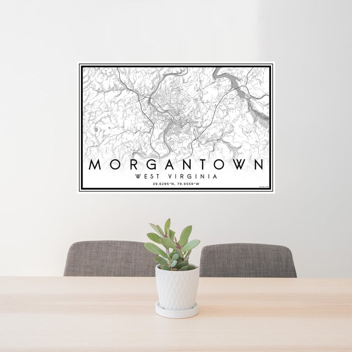 24x36 Morgantown West Virginia Map Print Landscape Orientation in Classic Style Behind 2 Chairs Table and Potted Plant