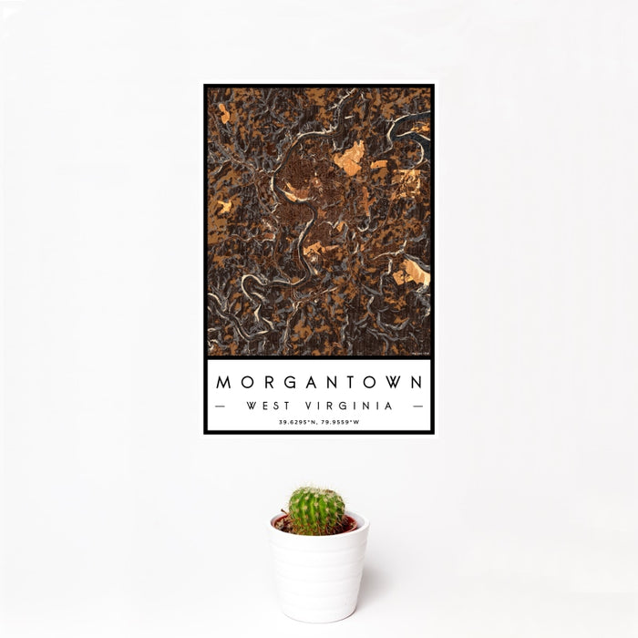 12x18 Morgantown West Virginia Map Print Portrait Orientation in Ember Style With Small Cactus Plant in White Planter