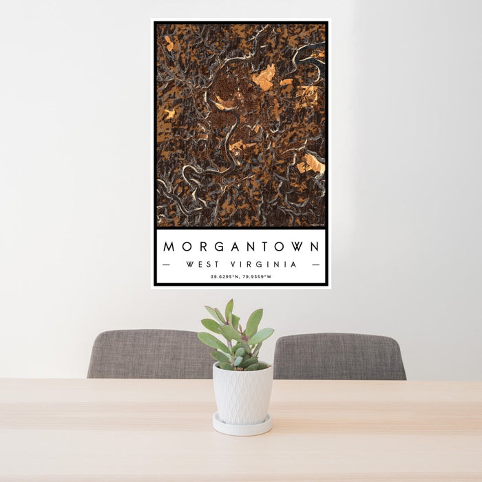 24x36 Morgantown West Virginia Map Print Portrait Orientation in Ember Style Behind 2 Chairs Table and Potted Plant
