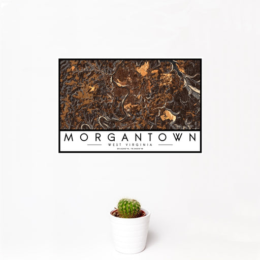 12x18 Morgantown West Virginia Map Print Landscape Orientation in Ember Style With Small Cactus Plant in White Planter