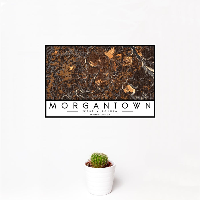 12x18 Morgantown West Virginia Map Print Landscape Orientation in Ember Style With Small Cactus Plant in White Planter