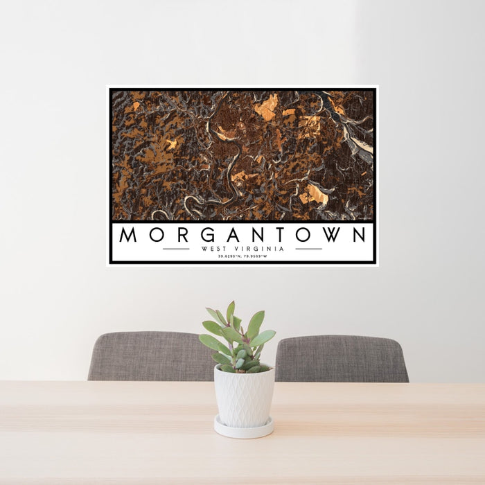 24x36 Morgantown West Virginia Map Print Landscape Orientation in Ember Style Behind 2 Chairs Table and Potted Plant