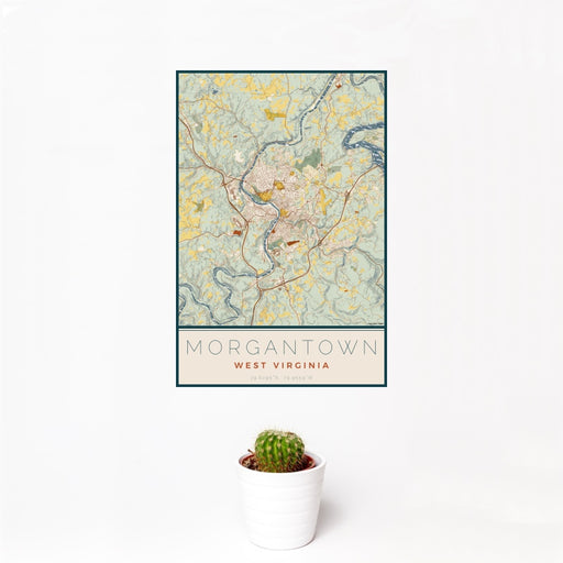 12x18 Morgantown West Virginia Map Print Portrait Orientation in Woodblock Style With Small Cactus Plant in White Planter