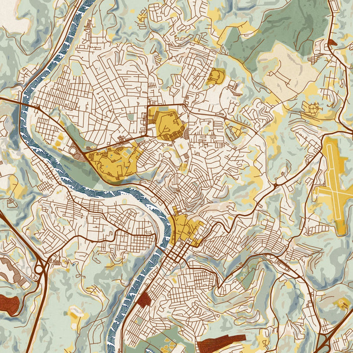 Morgantown West Virginia Map Print in Woodblock Style Zoomed In Close Up Showing Details