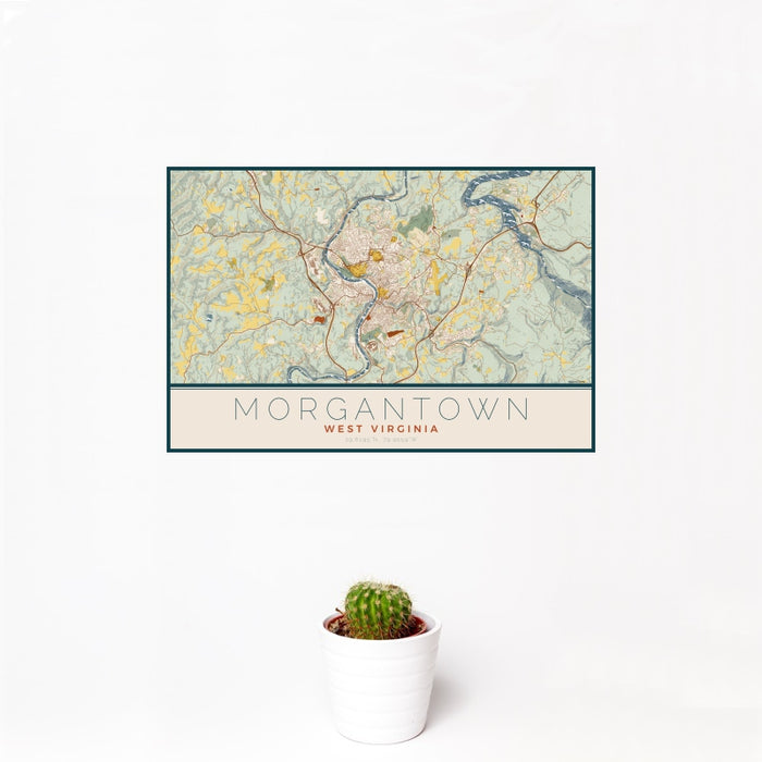 12x18 Morgantown West Virginia Map Print Landscape Orientation in Woodblock Style With Small Cactus Plant in White Planter