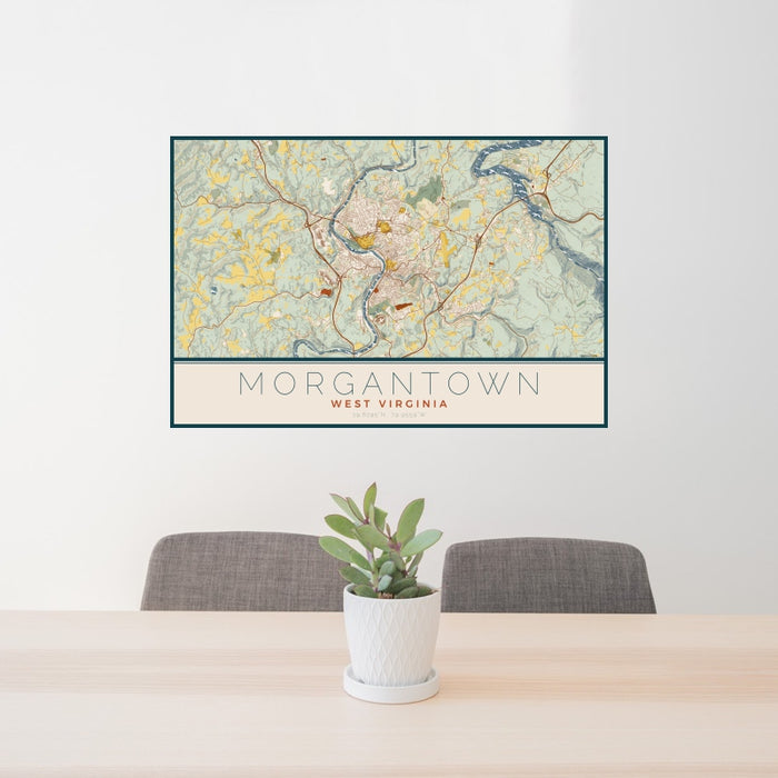 24x36 Morgantown West Virginia Map Print Landscape Orientation in Woodblock Style Behind 2 Chairs Table and Potted Plant