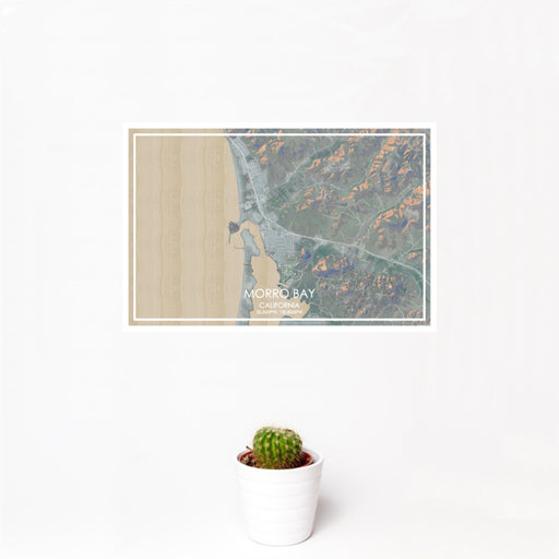 12x18 Morro Bay California Map Print Landscape Orientation in Afternoon Style With Small Cactus Plant in White Planter