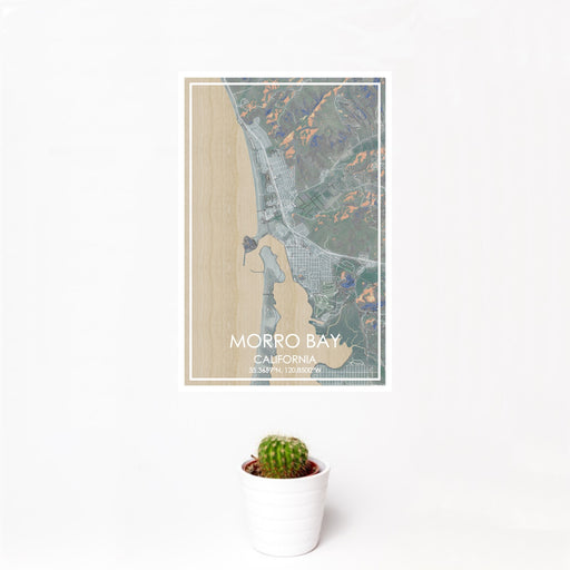 12x18 Morro Bay California Map Print Portrait Orientation in Afternoon Style With Small Cactus Plant in White Planter
