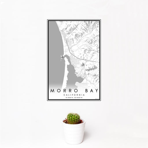 12x18 Morro Bay California Map Print Portrait Orientation in Classic Style With Small Cactus Plant in White Planter