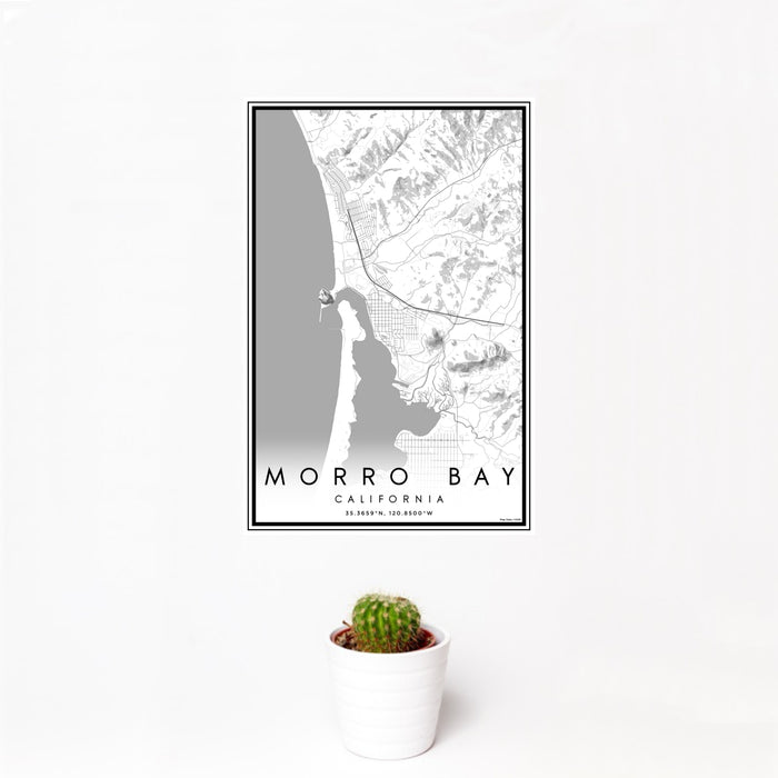 12x18 Morro Bay California Map Print Portrait Orientation in Classic Style With Small Cactus Plant in White Planter