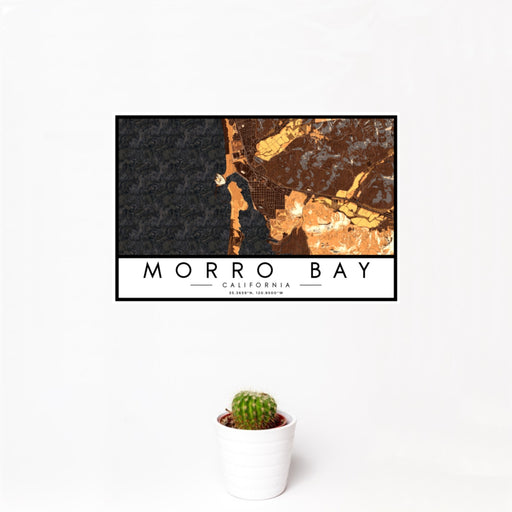 12x18 Morro Bay California Map Print Landscape Orientation in Ember Style With Small Cactus Plant in White Planter
