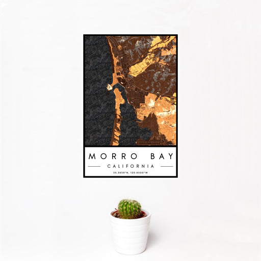 12x18 Morro Bay California Map Print Portrait Orientation in Ember Style With Small Cactus Plant in White Planter