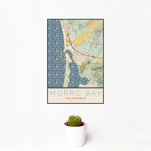 12x18 Morro Bay California Map Print Portrait Orientation in Woodblock Style With Small Cactus Plant in White Planter
