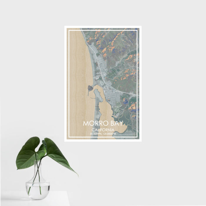 16x24 Morro Bay California Map Print Portrait Orientation in Afternoon Style With Tropical Plant Leaves in Water