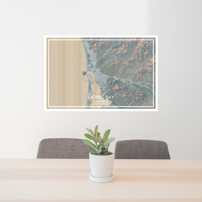 24x36 Morro Bay California Map Print Lanscape Orientation in Afternoon Style Behind 2 Chairs Table and Potted Plant