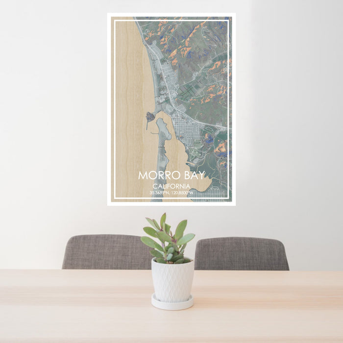 24x36 Morro Bay California Map Print Portrait Orientation in Afternoon Style Behind 2 Chairs Table and Potted Plant