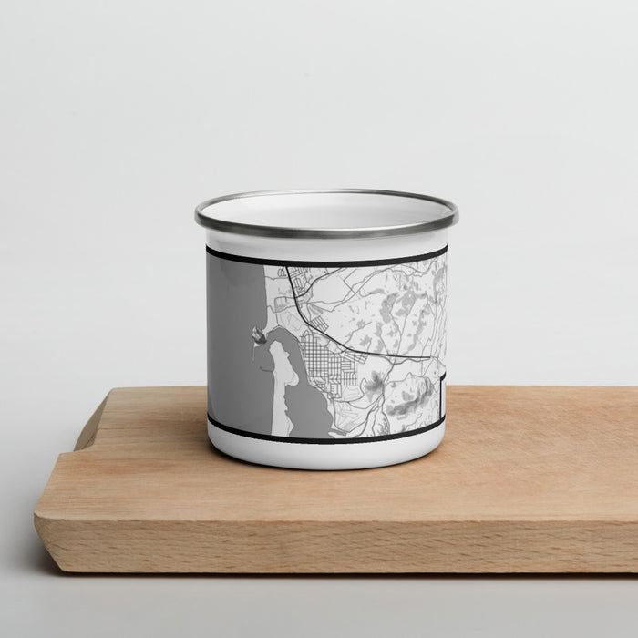 Front View Custom Morro Bay California Map Enamel Mug in Classic on Cutting Board