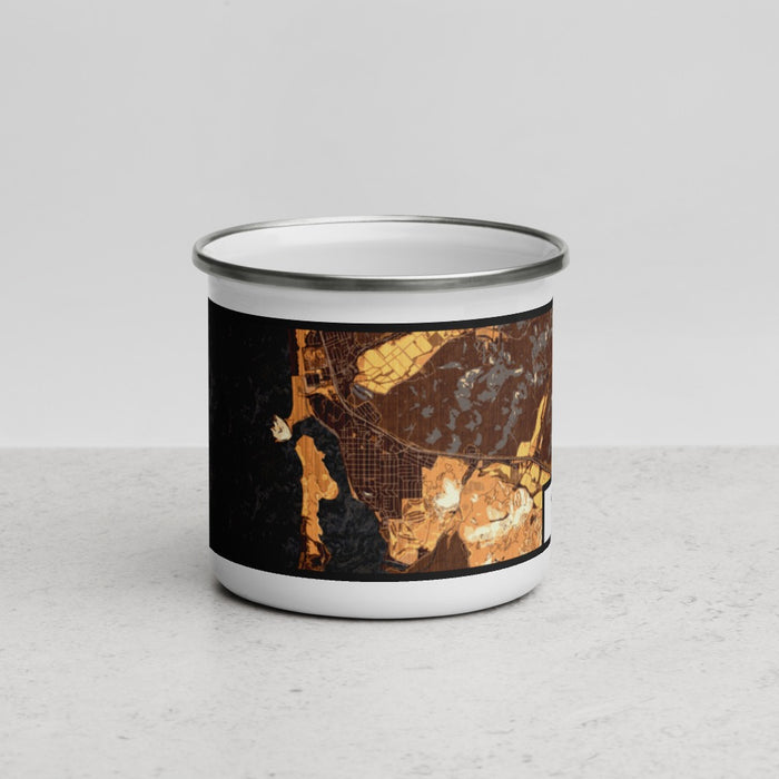 Front View Custom Morro Bay California Map Enamel Mug in Ember