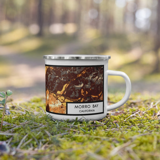 Right View Custom Morro Bay California Map Enamel Mug in Ember on Grass With Trees in Background