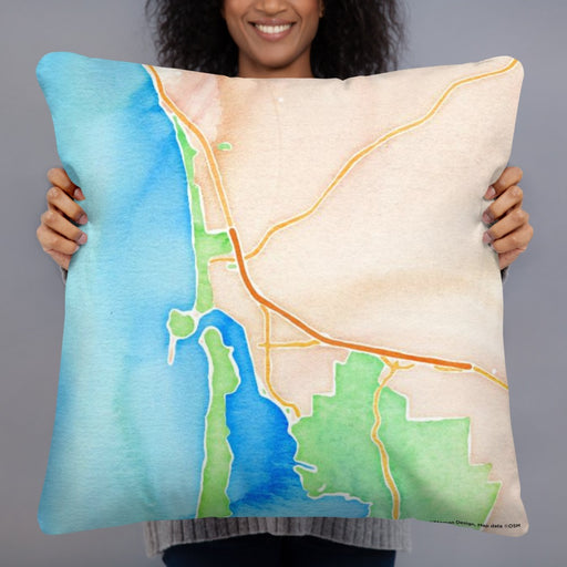 Person holding 22x22 Custom Morro Bay California Map Throw Pillow in Watercolor