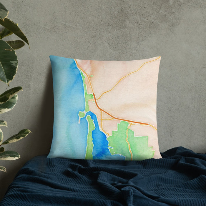 Custom Morro Bay California Map Throw Pillow in Watercolor on Bedding Against Wall